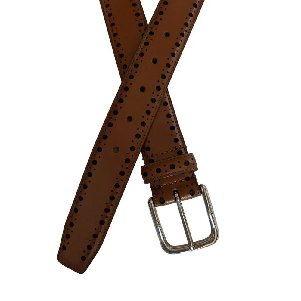Cole Haan Brown Leather Belt With Black Dot Pattern & Silver Buckle